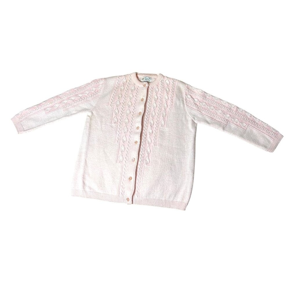 Vintage Sweater Bee By Banff Pink Cardigan Sweater Cable Knit Button Closure PIC